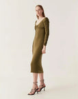 aje Cini Gathered Midi Dress khaki green on figure side