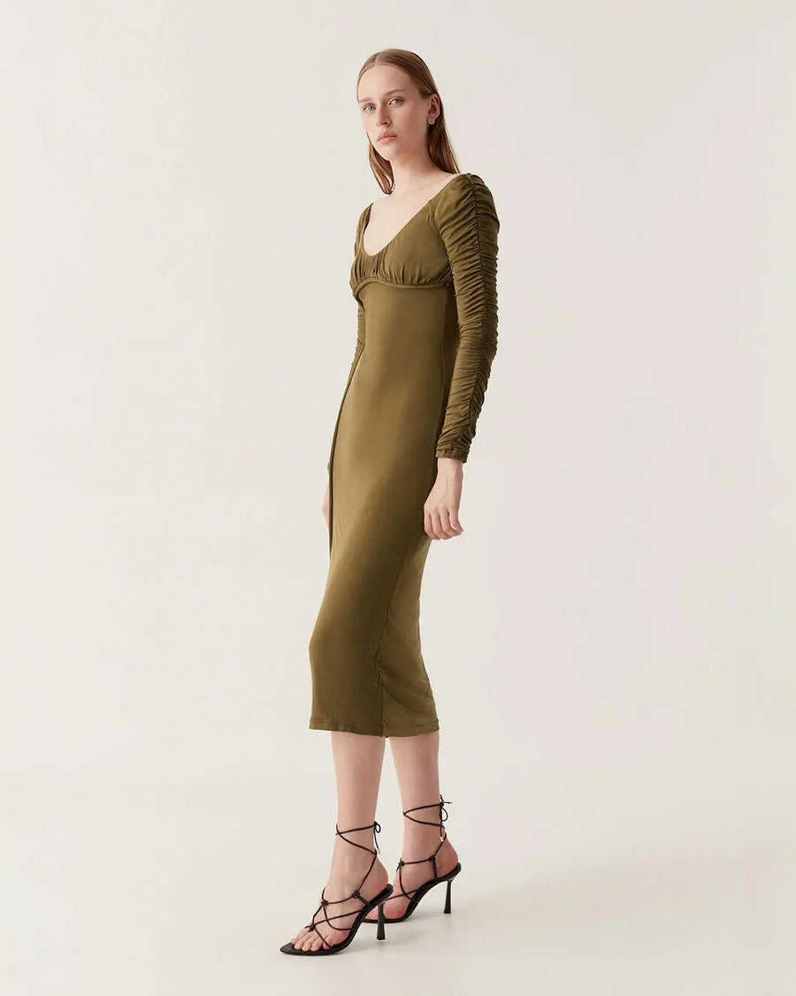 aje Cini Gathered Midi Dress khaki green on figure side