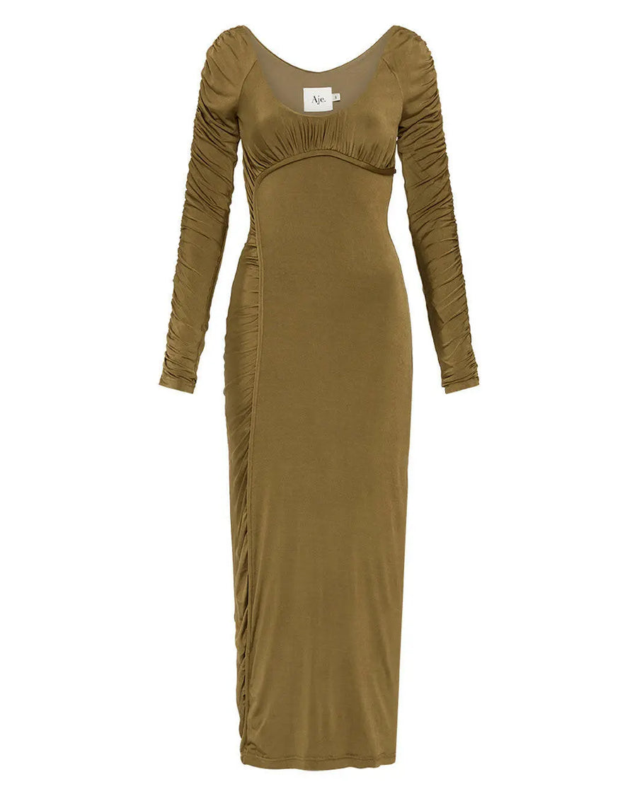 aje Cini Gathered Midi Dress khaki green