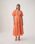 aje Florential Text Midi Dress apricot orange on figure front