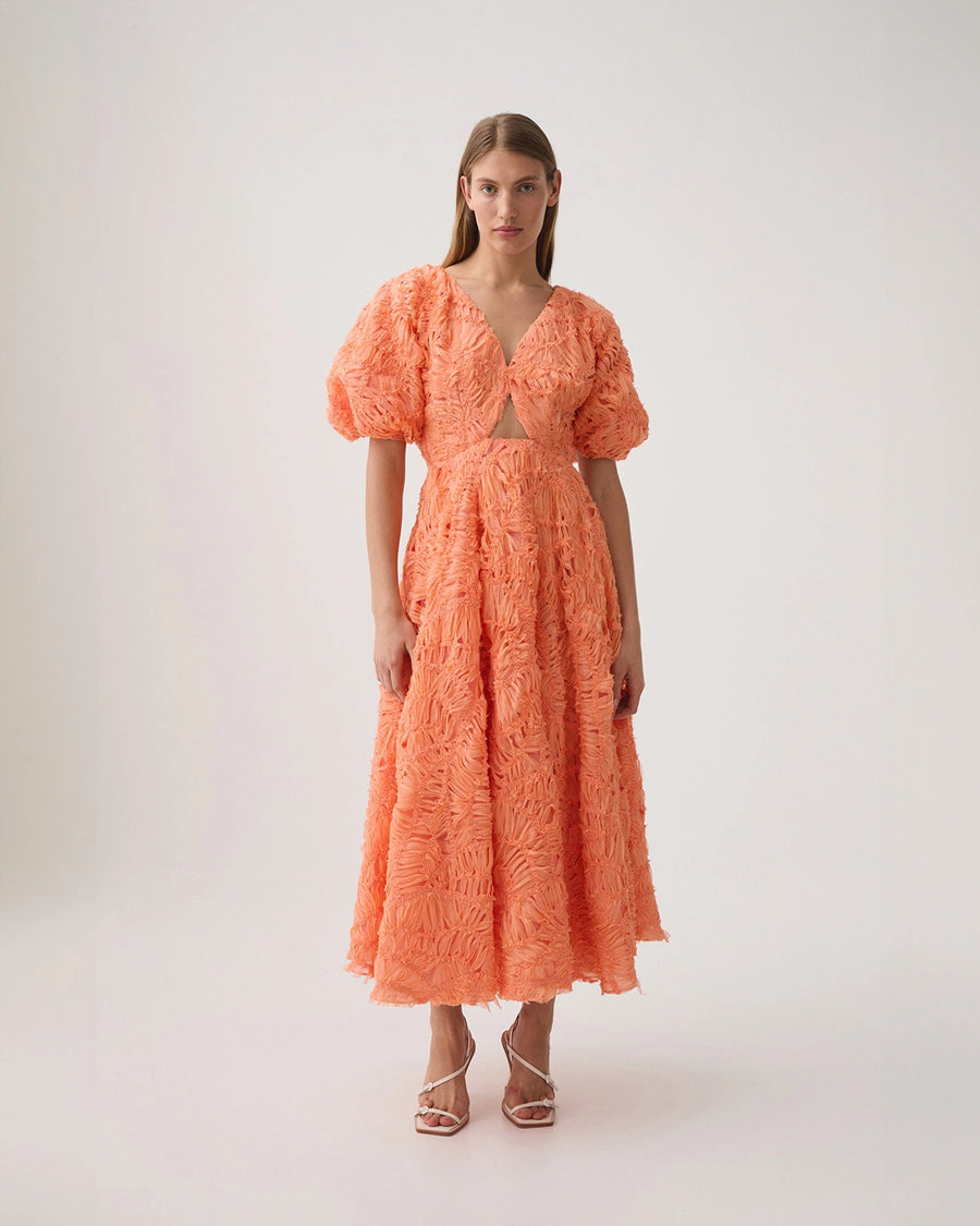 aje Florential Text Midi Dress apricot orange on figure front