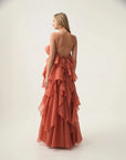 aje Pandorea Layered Maxi Dress coral clay on figure back