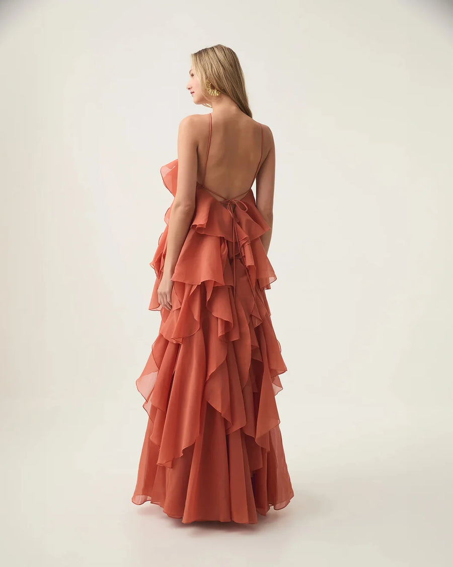 aje Pandorea Layered Maxi Dress coral clay on figure back