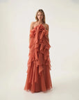 aje Pandorea Layered Maxi Dress coral clay on figure front