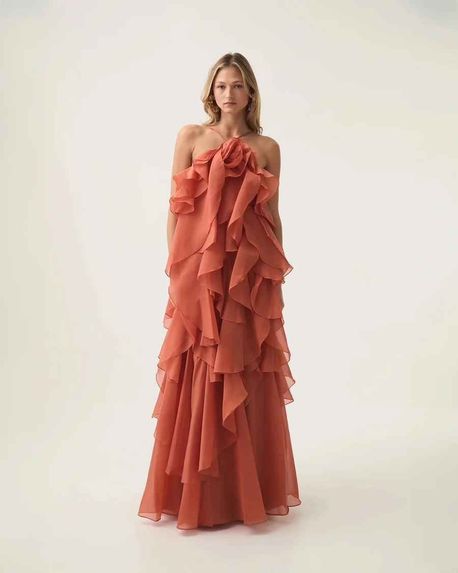 aje Pandorea Layered Maxi Dress coral clay on figure front