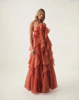 aje Pandorea Layered Maxi Dress coral clay on figure side