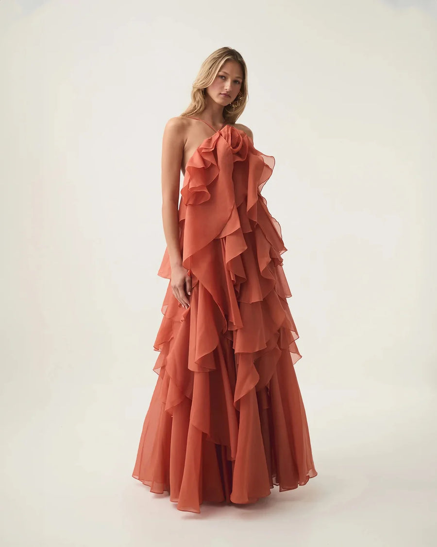 aje Pandorea Layered Maxi Dress coral clay on figure side