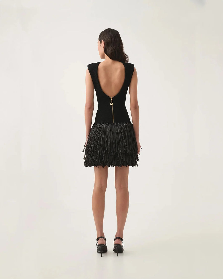 aje Rushes Raffia Knit Mini Dress black on figure back