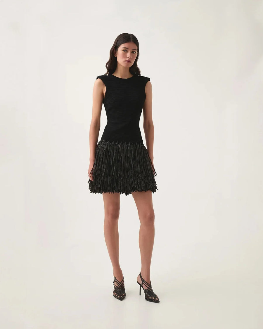 aje Rushes Raffia Knit Mini Dress black on figure front