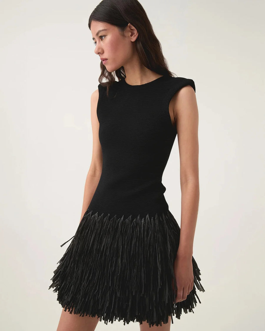 aje Rushes Raffia Knit Mini Dress black on figure side