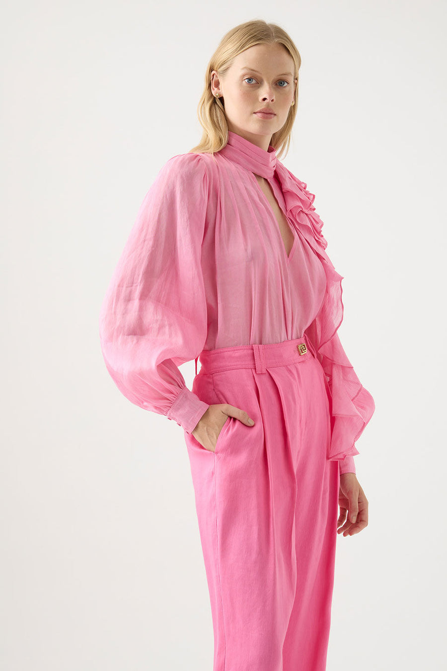aje Aura Frilled Tie Blouse pink