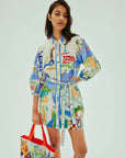 alemais Nadia Mini Shirtdress multi print blue on figure front detail