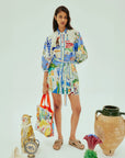 alemais Nadia Mini Shirtdress multi print blue on figure front