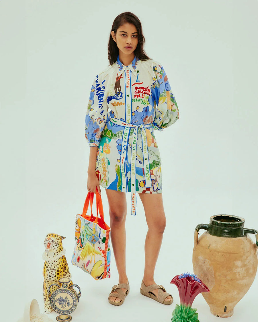 alemais Nadia Mini Shirtdress multi print blue on figure front