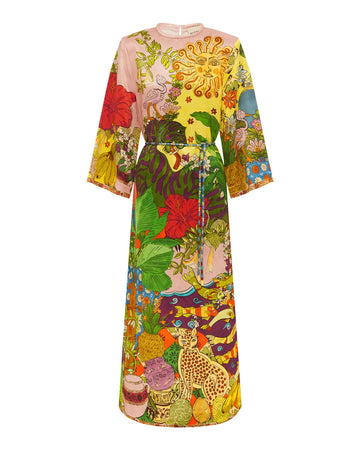 alemais tiger midi dress floral multi pink yellow and green