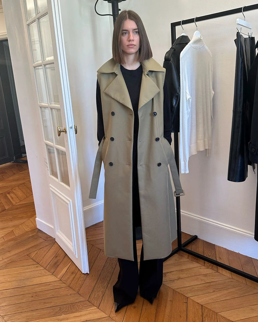 another tomorrow Convertible Trench olive and black on figure sleeveless