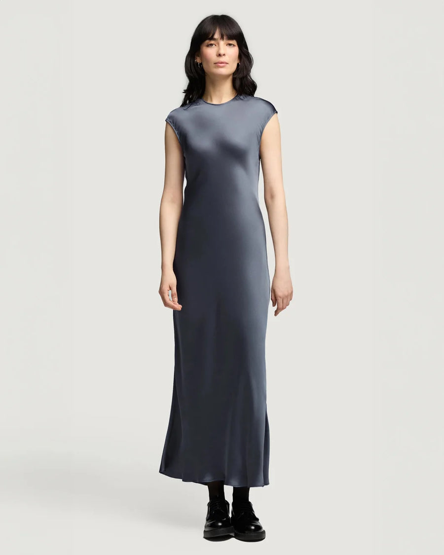 argent minimal bias dress blue stone front