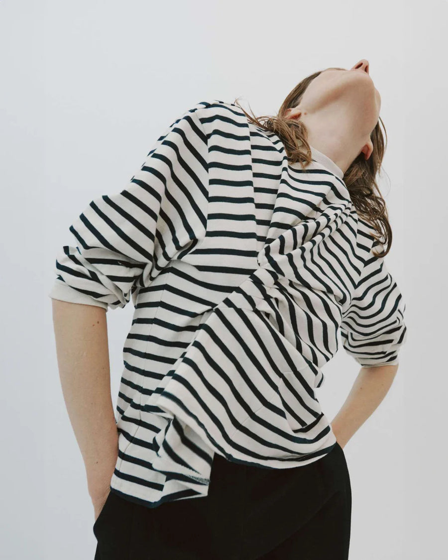 awake mode Long Sleeve Knotted Jersey Top black and white stripe front