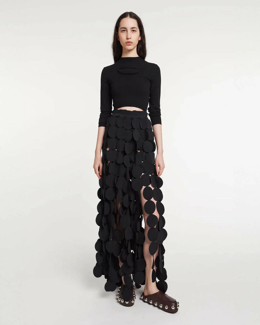 awake mode Multi Circle Layered Maxi Skirt black on figure front