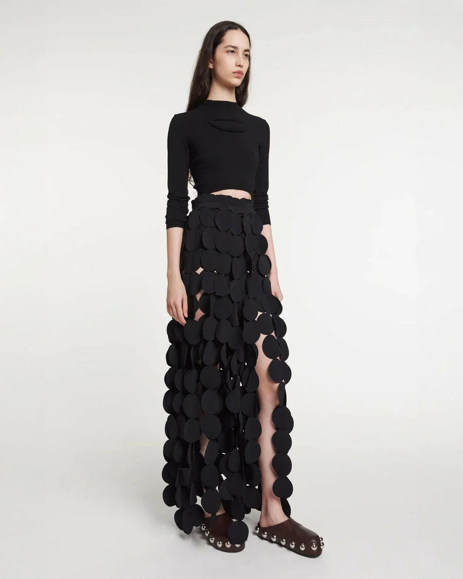 awake mode Multi Circle Layered Maxi Skirt black on figure side