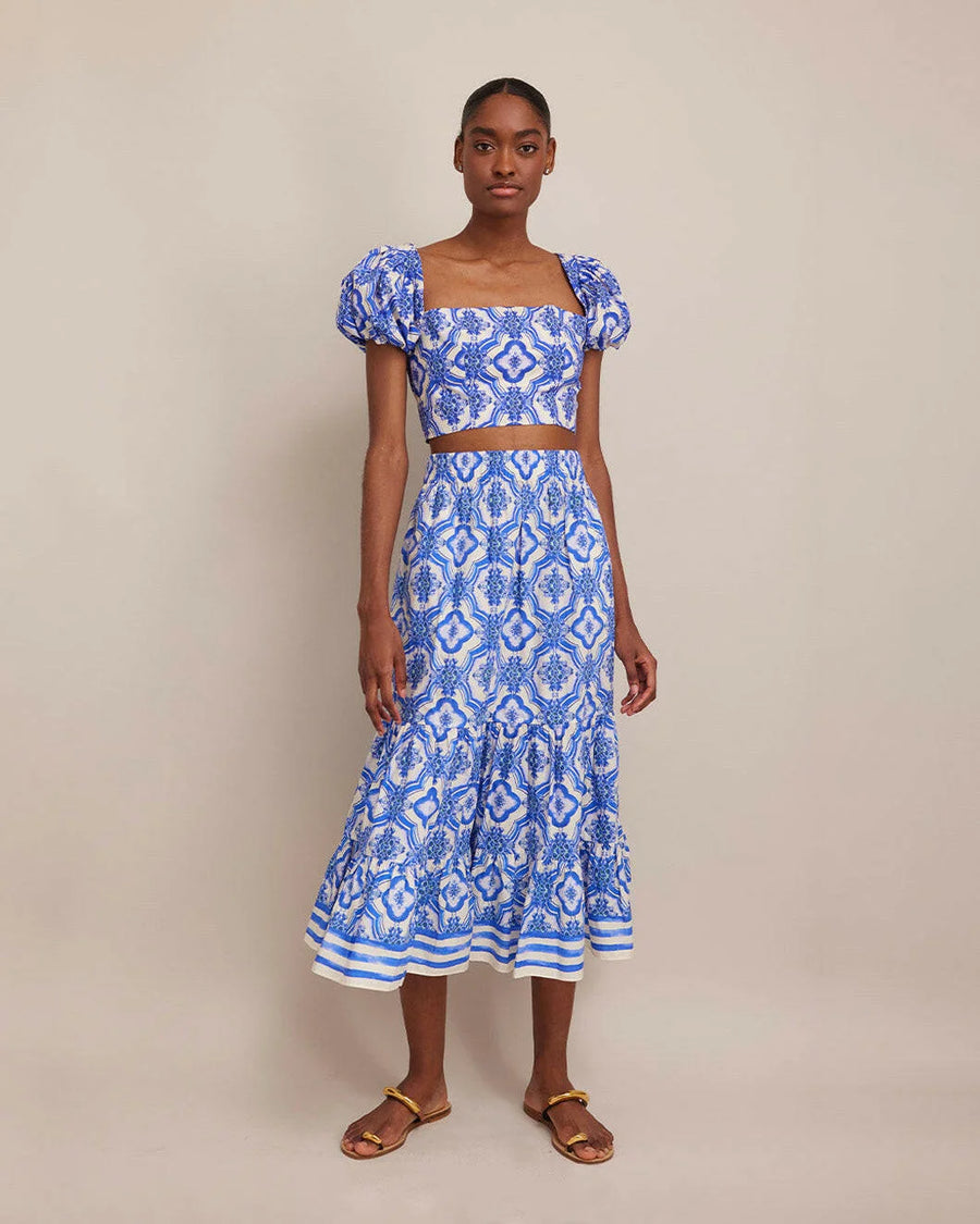 cara cara Chase Skirt in Belle Tile blue on figure front