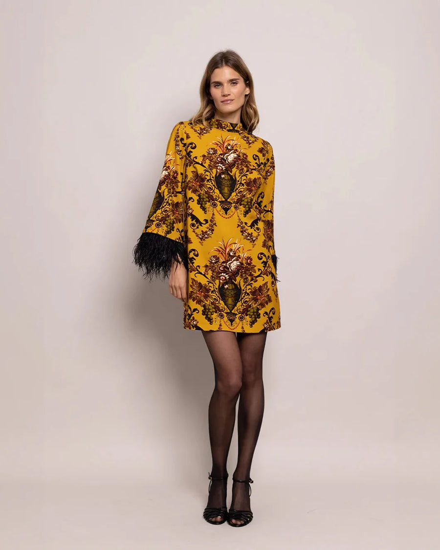 cara cara vida dress dusty gold fleur print on figure front