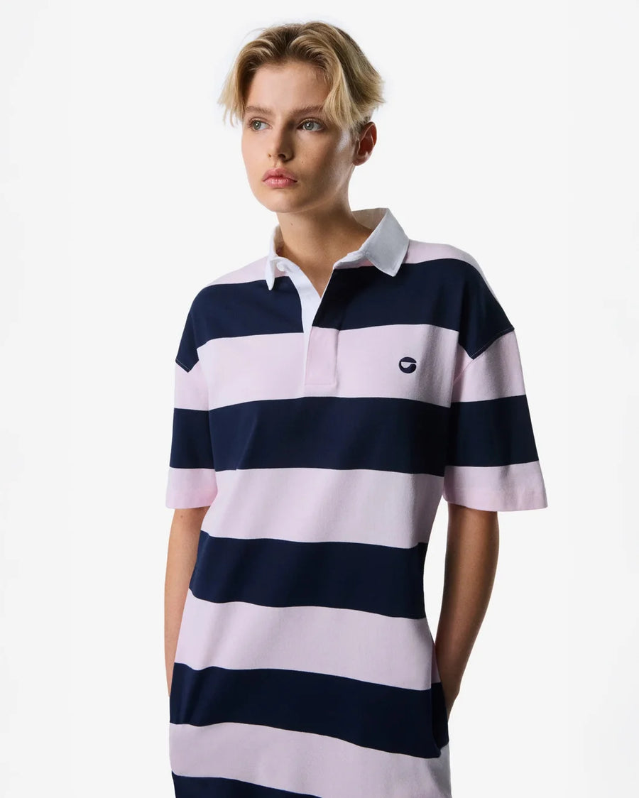 coperni Striped Long Polo Dress pink and navy blue on figure front
