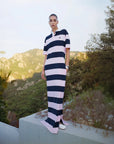 coperni Striped Long Polo Dress pink and navy blue on figure front