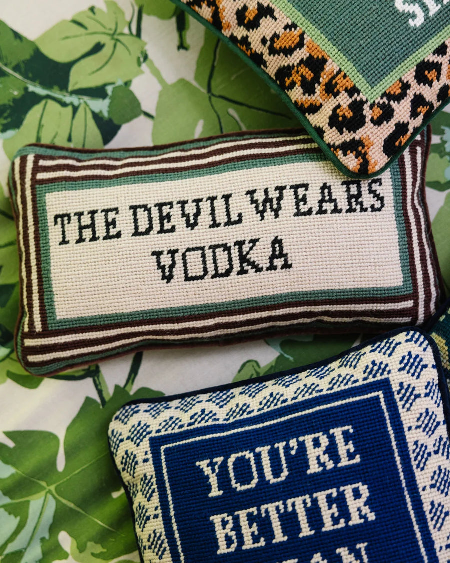 furbish studio Devil Wears Vodka Needlepoint Pillow