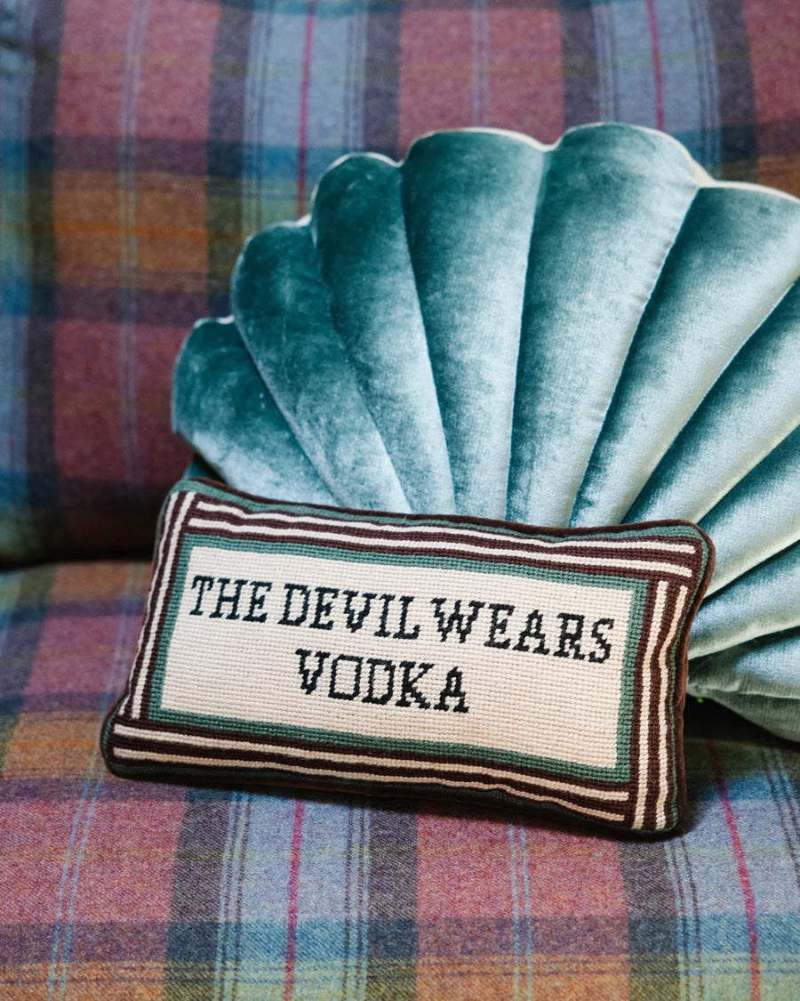 furbish studio Devil Wears Vodka Needlepoint Pillow