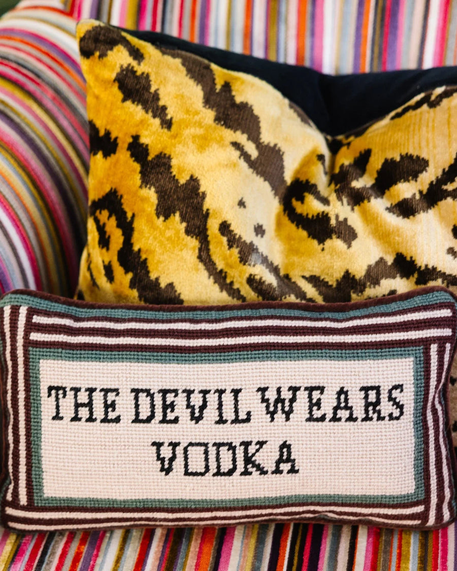 furbish studio Devil Wears Vodka Needlepoint Pillow