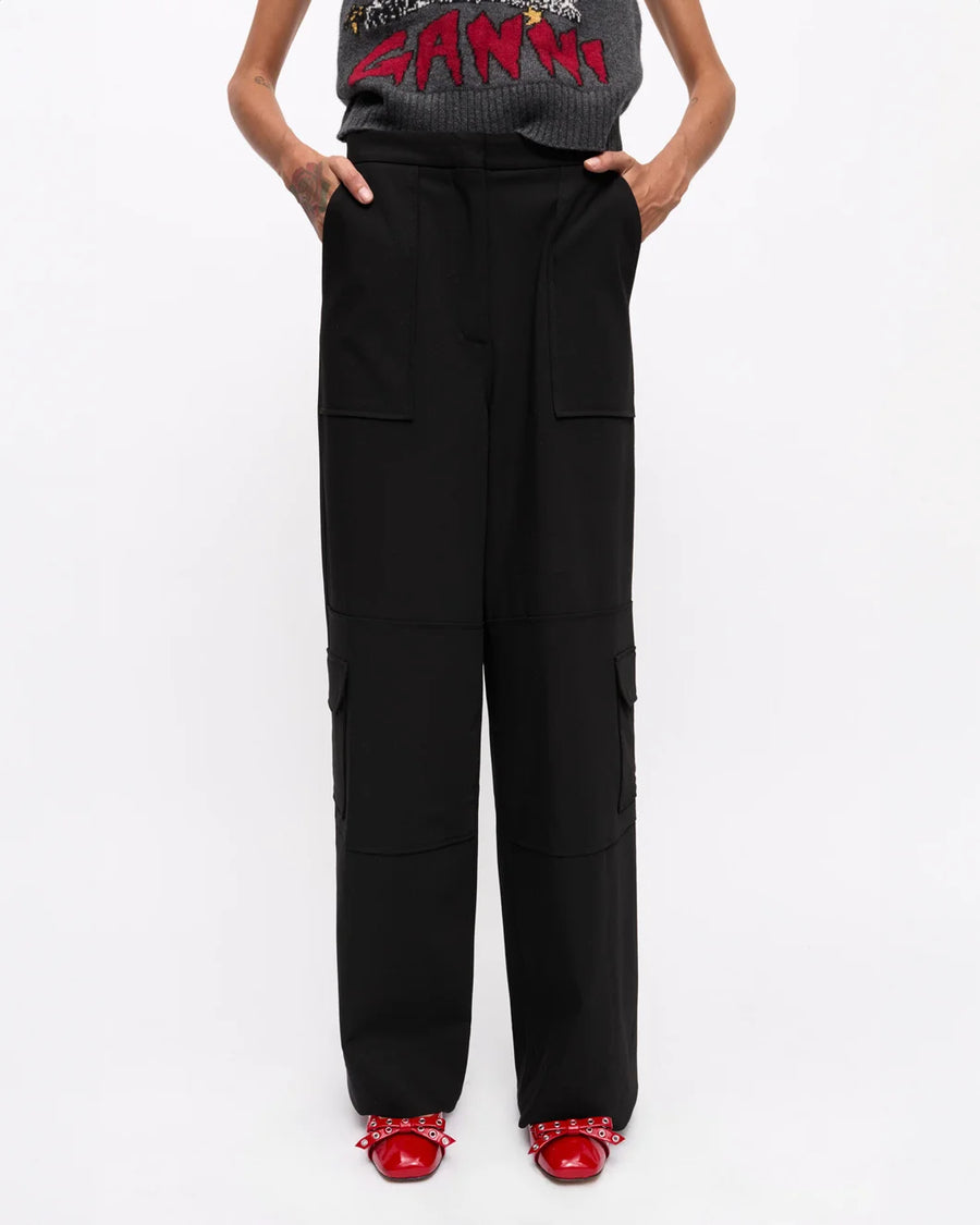 ganni black twill suiting cargo pants on figure front