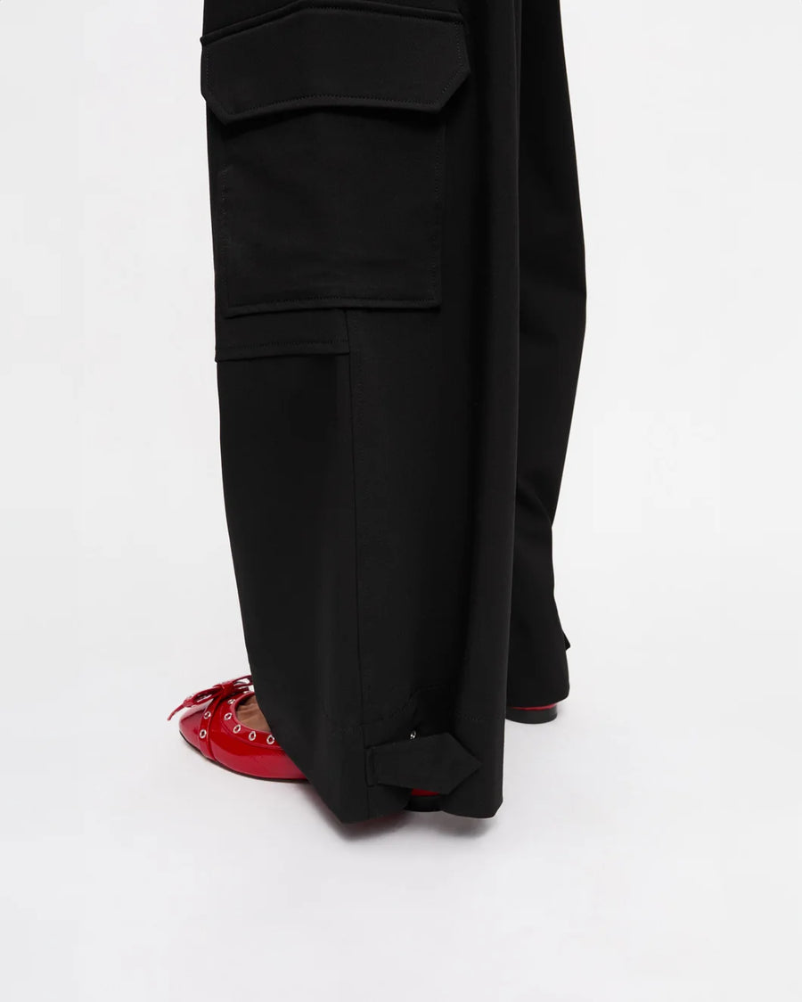 ganni black twill suiting cargo pants on figure side