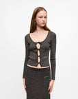 ganni black and gold sparkle tie string cardigan on figure front