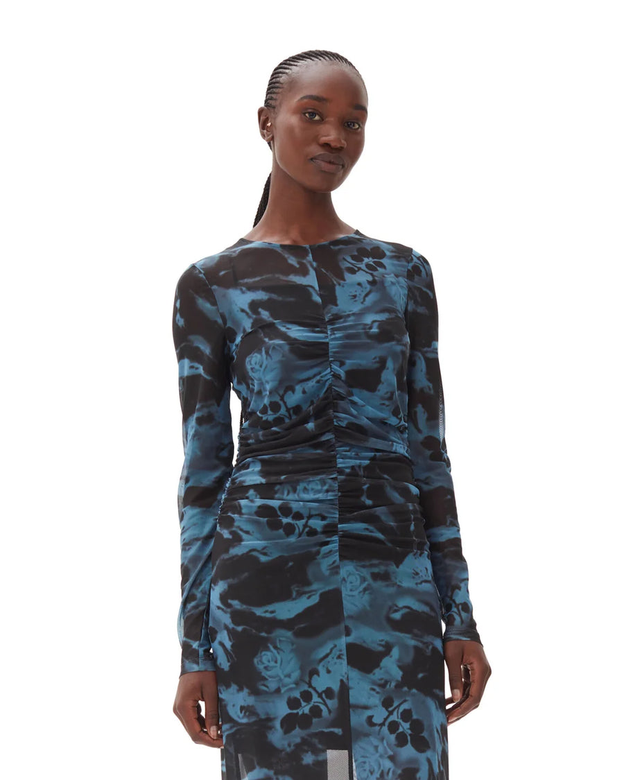 ganni Printed Mesh O-Neck Ruched Long Dress blue front