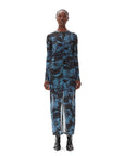 ganni Printed Mesh O-Neck Ruched Long Dress blue front