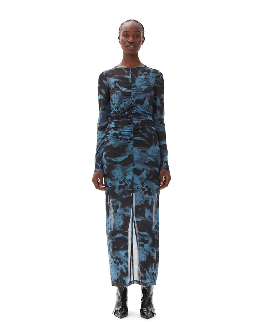 ganni Printed Mesh O-Neck Ruched Long Dress blue front