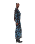 ganni Printed Mesh O-Neck Ruched Long Dress blue side