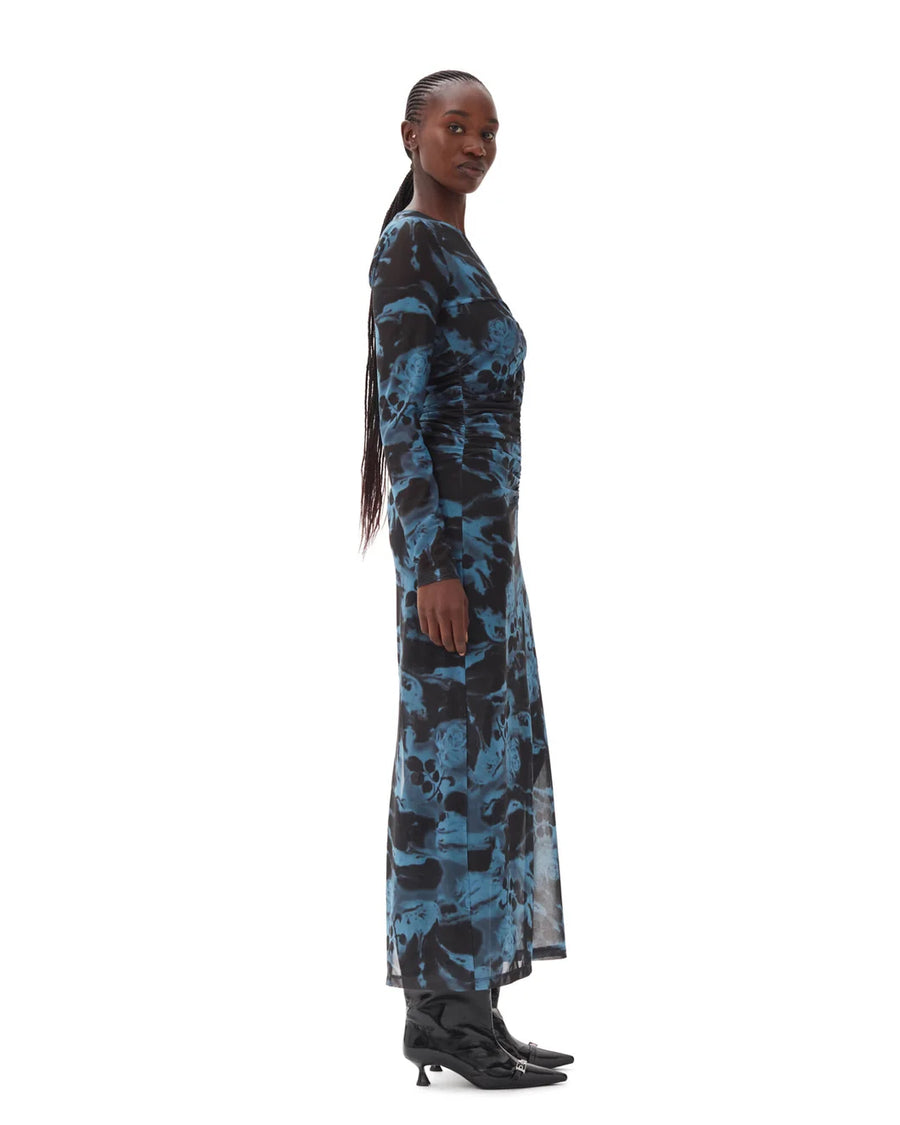 ganni Printed Mesh O-Neck Ruched Long Dress blue side