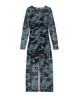 ganni Printed Mesh O-Neck Ruched Long Dress blue