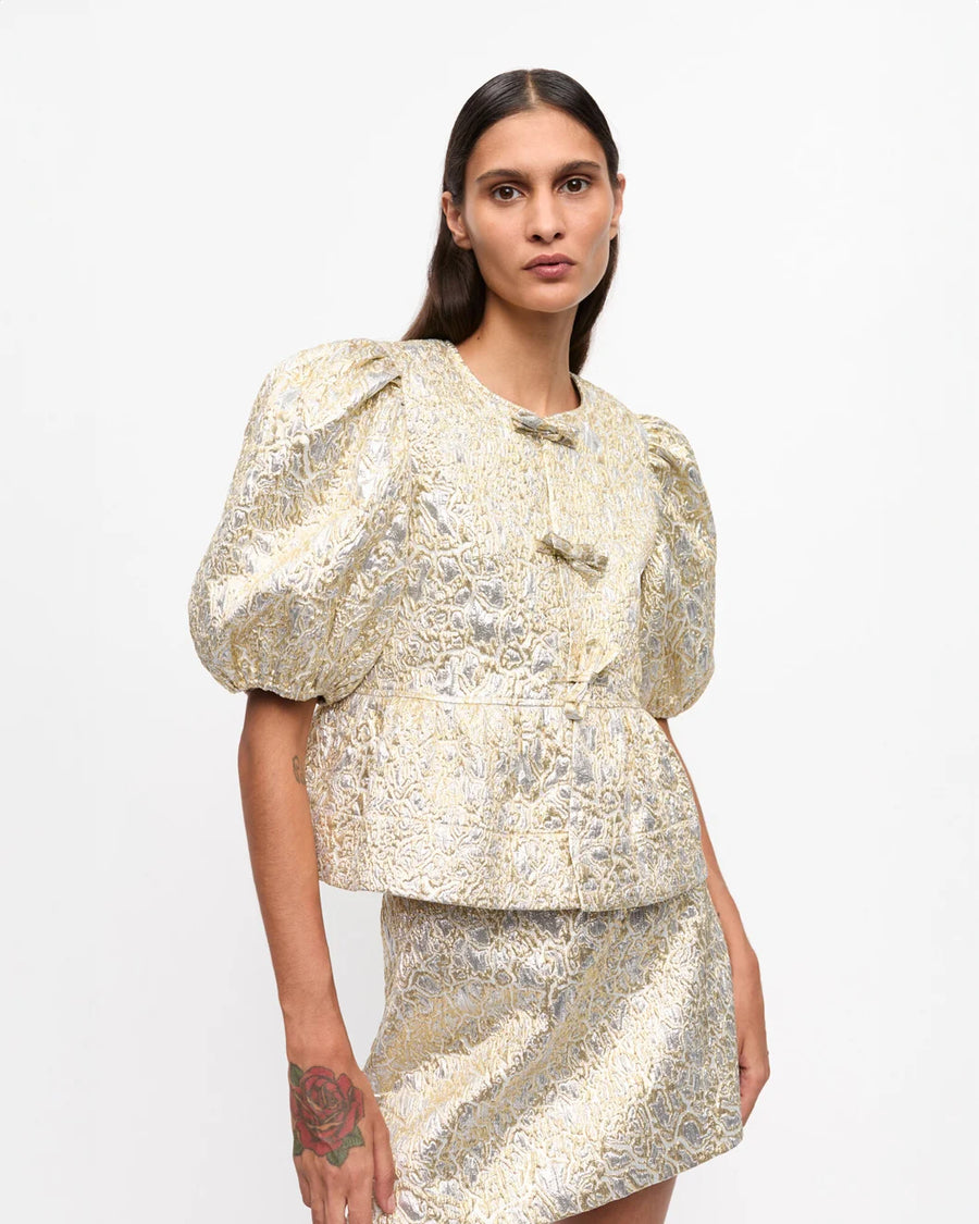 ganni Metallic Cloque Peplum Blouse gold and silver on figure front