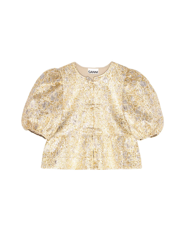 ganni Metallic Cloque Peplum Blouse gold and silver