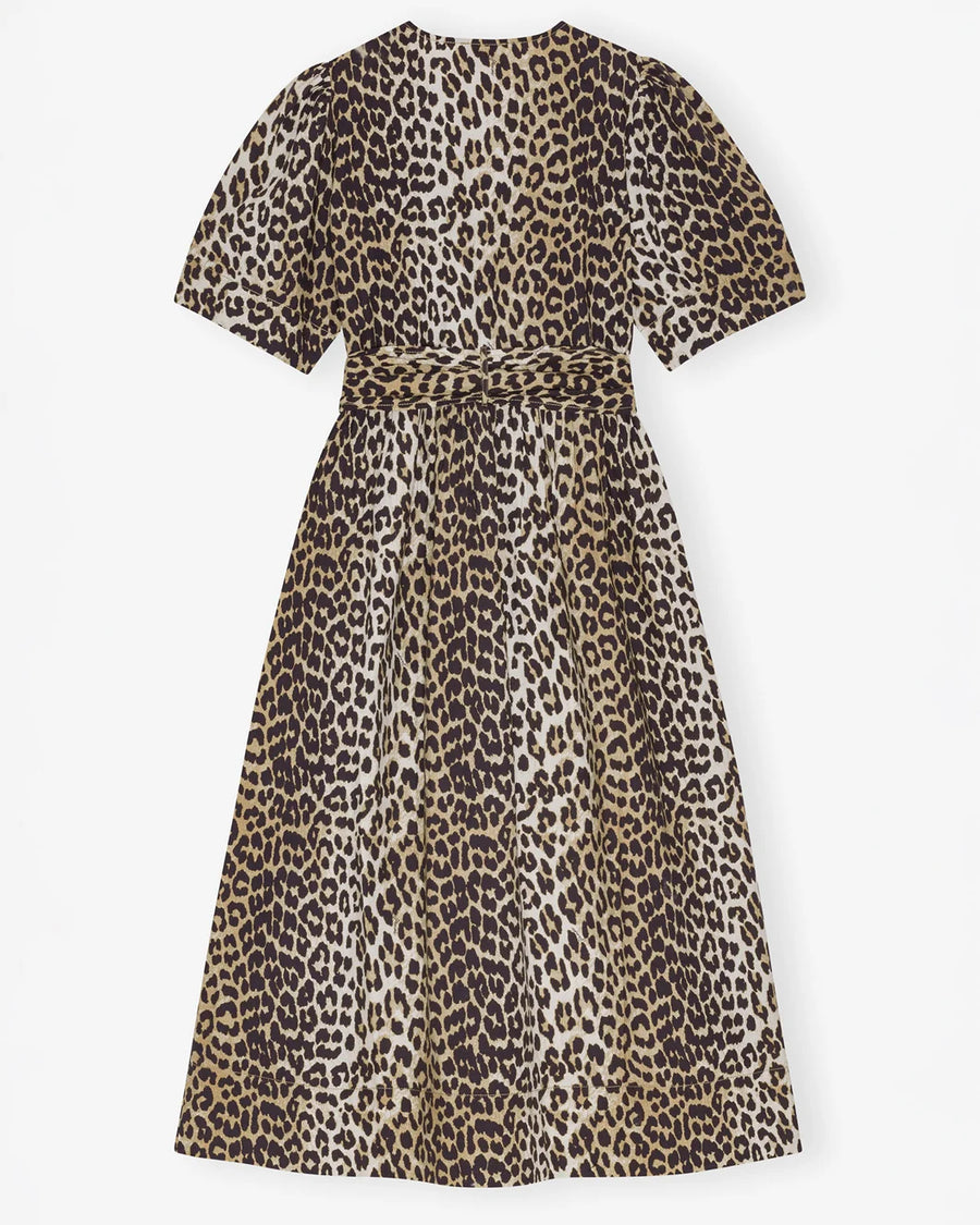 ganni leopard Printed Cotton Tie Strap Midi Dress back