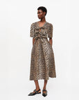 ganni leopard Printed Cotton Tie Strap Midi Dress on figure front