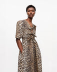 ganni leopard Printed Cotton Tie Strap Midi Dress on figure front