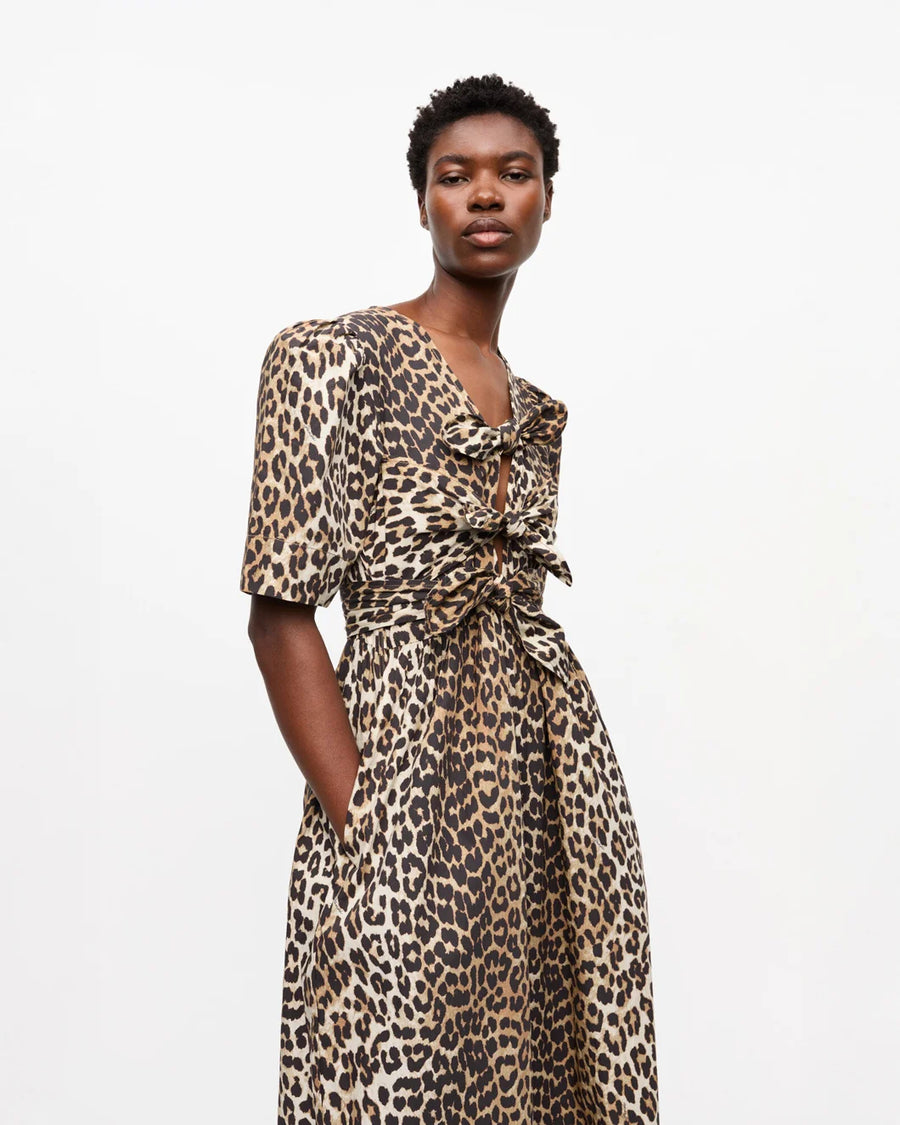 ganni leopard Printed Cotton Tie Strap Midi Dress on figure front