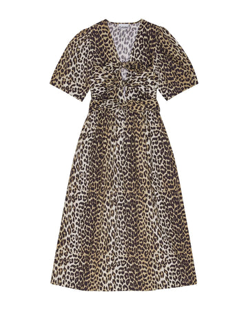 ganni leopard Printed Cotton Tie Strap Midi Dress