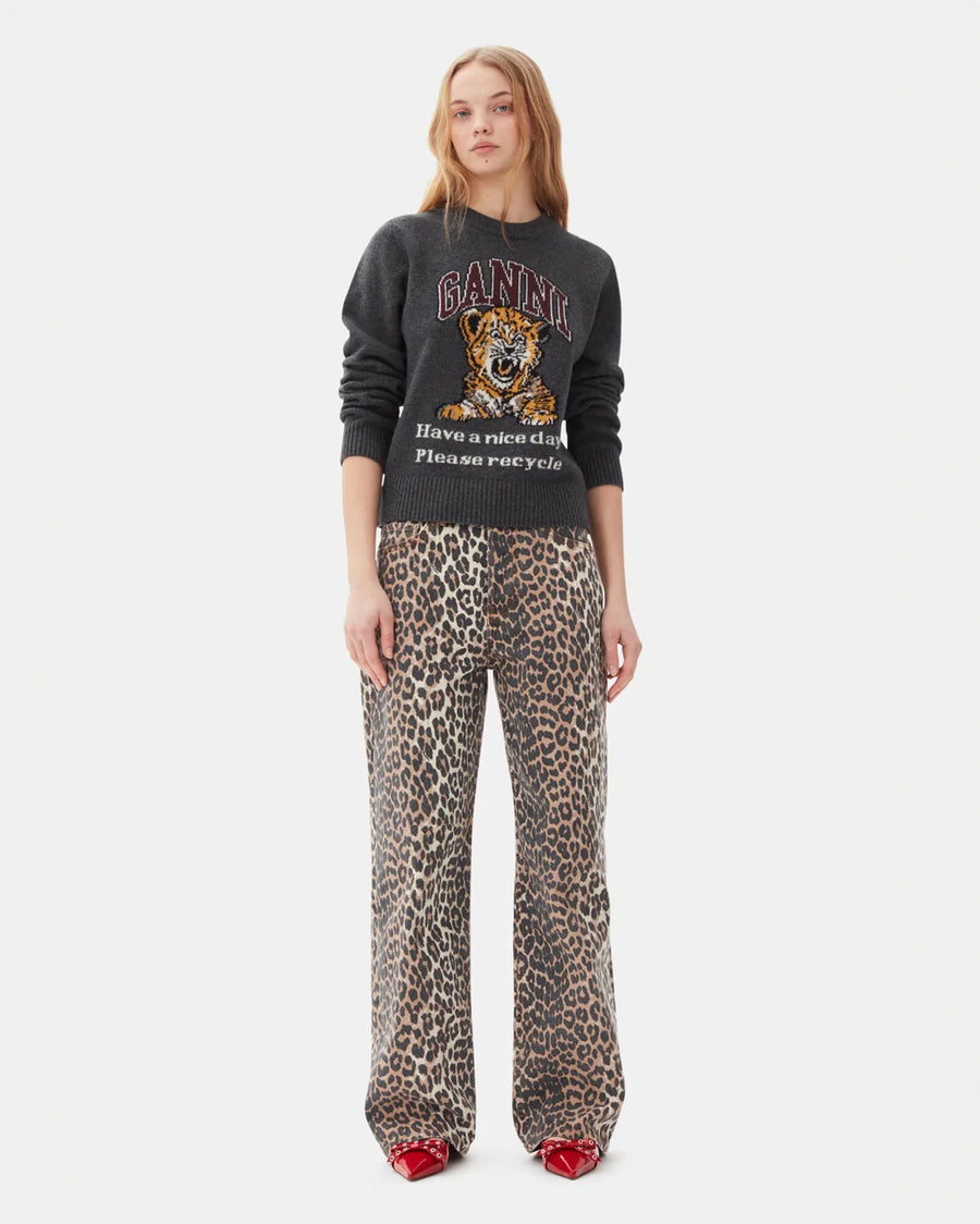 ganni leopard print denim izey jean on figure front