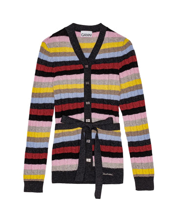 ganni Logo Wool Mix Belt Cardigan multi colored stripe