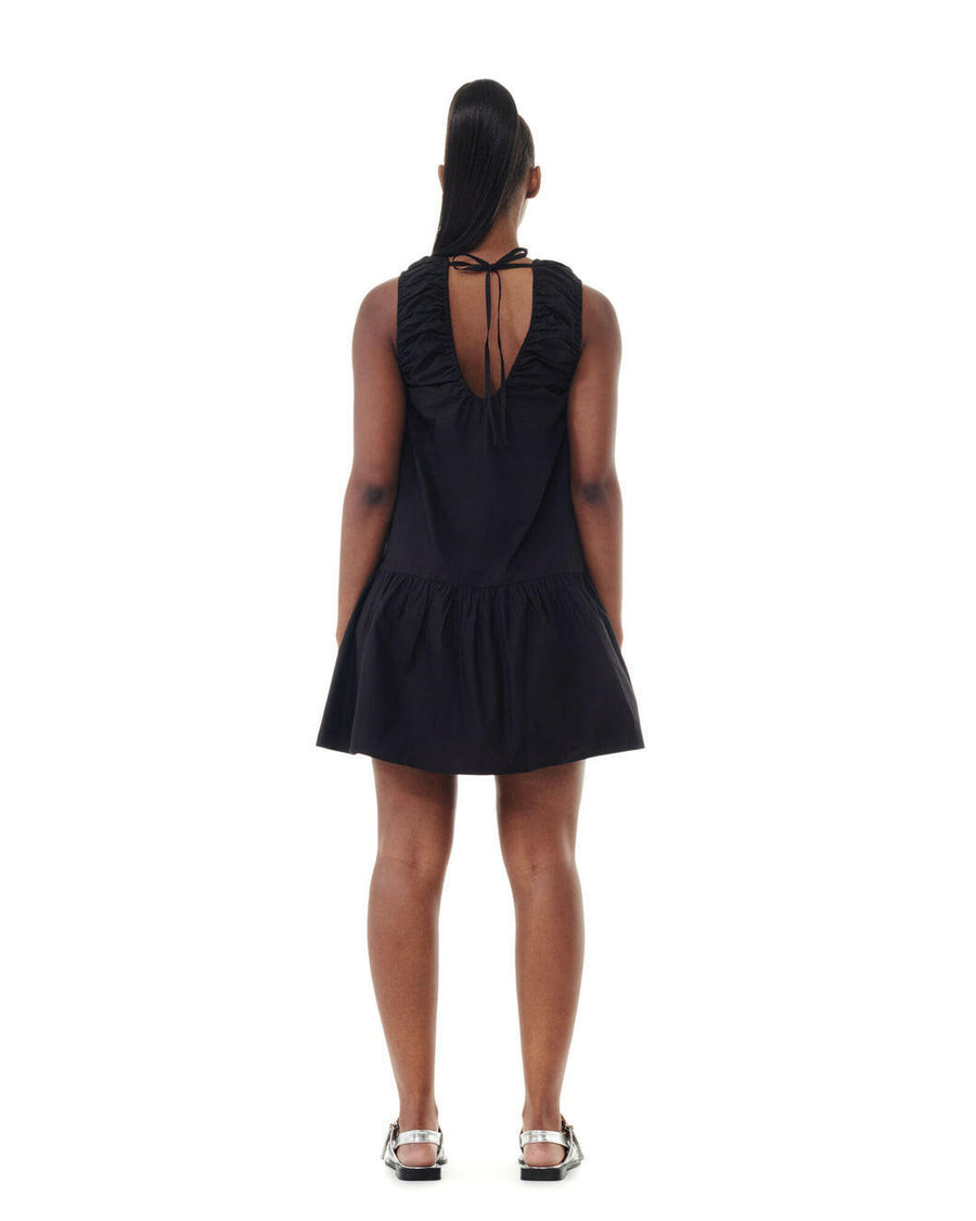 ganni cotton poplin mini dress black on figure back